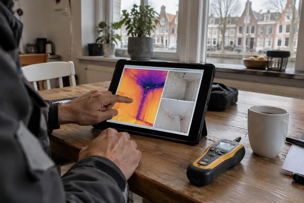 Lekdetectie Swifterbant – lekdetectierapport met warmtebeelden en foto's op een tablet