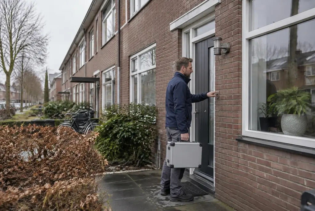 Lekdetectiespecialist met meetkoffer bij de voordeur van een woning in Swifterbant